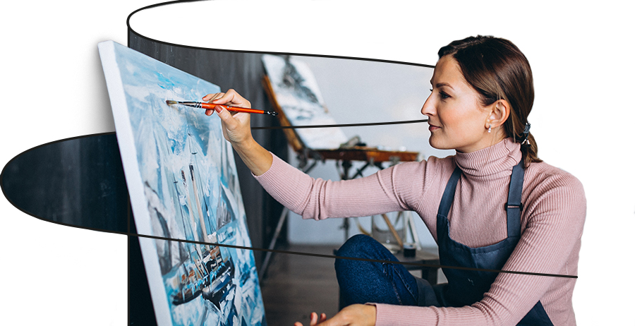Ilustração com foto de mulher branca pintando um quadro