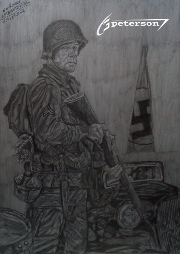 Esse desenho representa a luta contra o nazismo retrata um soldado Americano na segunda guerra mundial