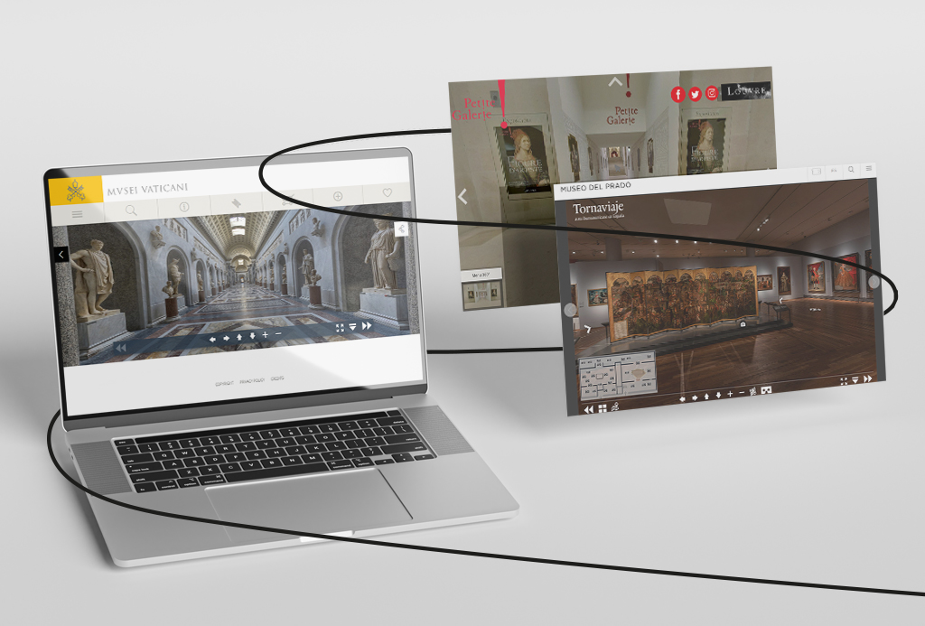 Museu virtual, notebook exibindo foto de museu virtual. Ao lado, outras duas telas com imagens semelhantes.